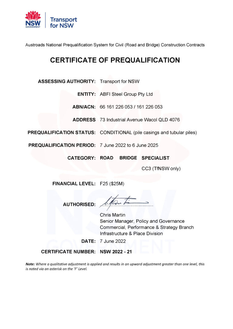 Prequalification Certificate - ABFI Steel Group Pty Ltd signed
