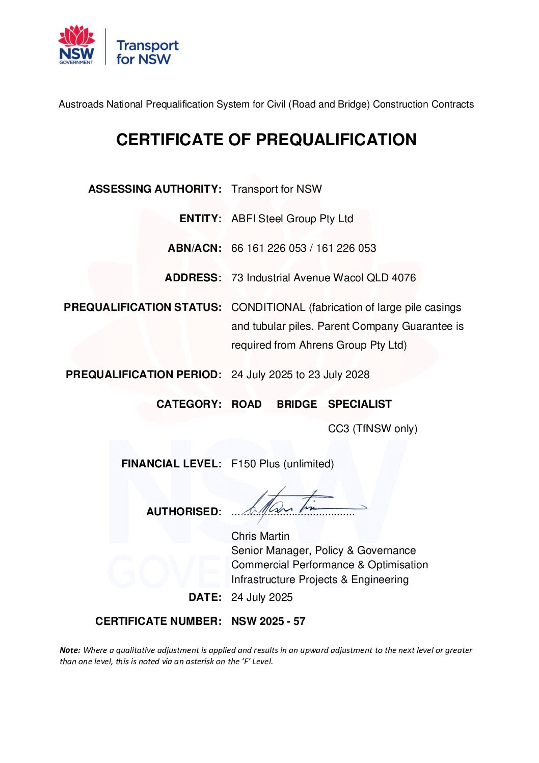 Prequalification Certificate - ABFI Steel Group Pty Ltd Jul 2025 signed