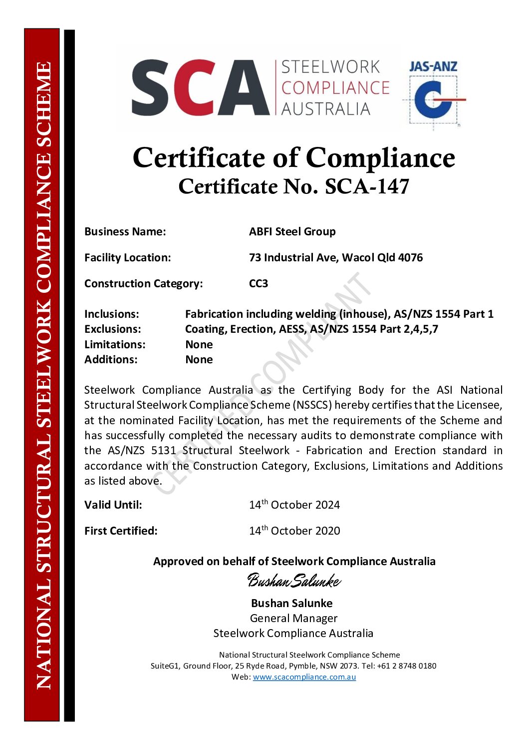 SCA-147 CC3 Certificate of Compliance ABFI Steel 14.10.2024